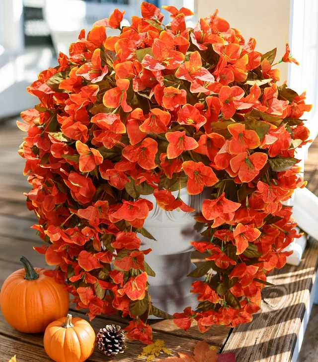 Main image of Bougainvillea Artificial Flowers Plants for Outdoors Outside Fall Autumn Decor, 2 pcs Faux Silk Long Trailing Vines UV Resistant Look Real Orange Fake Flowers for Front Door Porch Planter Urn Patio