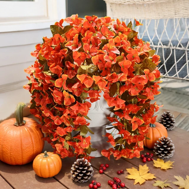 Alt view image 3 of 7 - Bougainvillea Artificial Flowers Plants for Outdoors Outside Fall Autumn Decor, 2 pcs Faux Silk Long Trailing Vines UV Resistant Look Real Orange Fake Flowers for Front Door Porch Planter Urn Patio