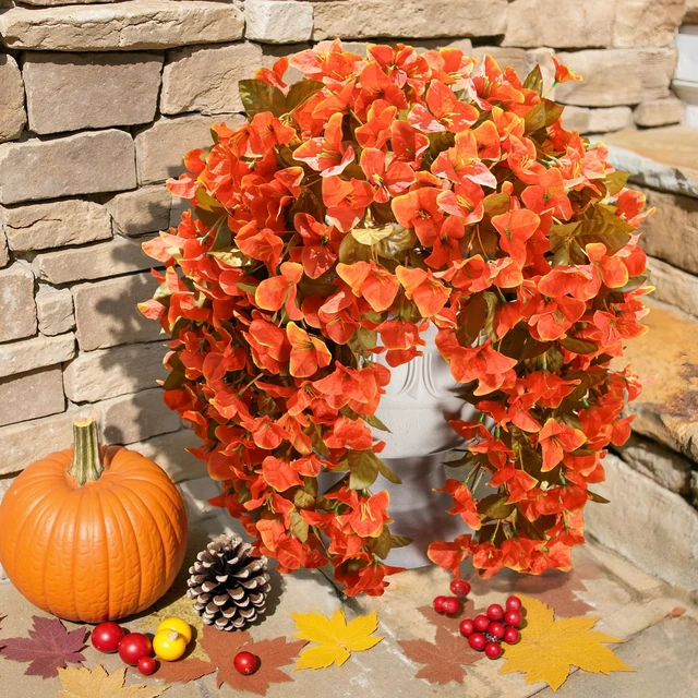 Alt view image 4 of 7 - Bougainvillea Artificial Flowers Plants for Outdoors Outside Fall Autumn Decor, 2 pcs Faux Silk Long Trailing Vines UV Resistant Look Real Orange Fake Flowers for Front Door Porch Planter Urn Patio