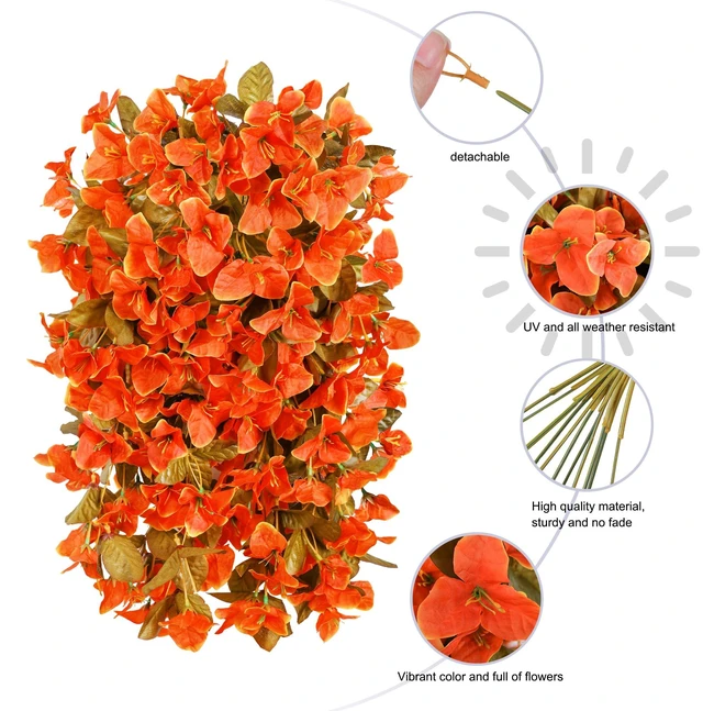 Alt view image 7 of 7 - Bougainvillea Artificial Flowers Plants for Outdoors Outside Fall Autumn Decor, 2 pcs Faux Silk Long Trailing Vines UV Resistant Look Real Orange Fake Flowers for Front Door Porch Planter Urn Patio