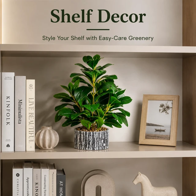 Alt view image 4 of 7 - 15.7" Small Artificial Plant Indoor for Shelf Desk Entryways Decor | Fake plants with round layered leaves and a textured planter bring a full modern organic look to office desk bathroom decor