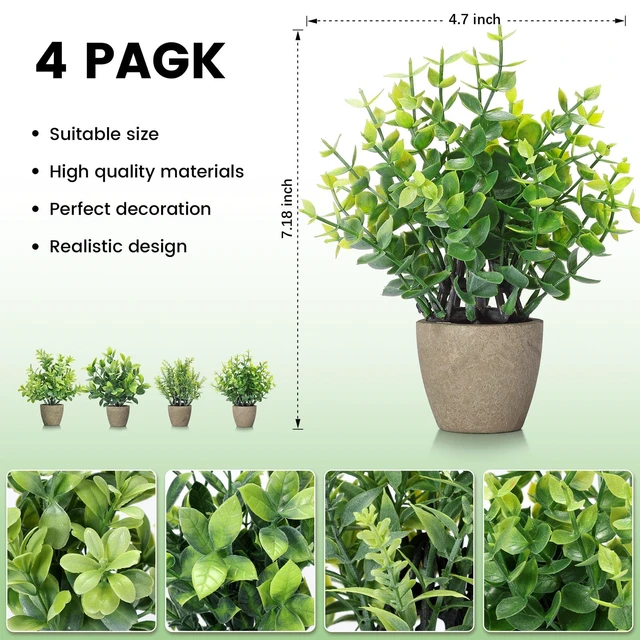Alt view image 3 of 7 - 4 Pack Fake Plants Mini Artificial Greenery Potted Plants Bathroom Decor | Applicable to Home Decor Office Decor Room Decor Farmhouse Decor Indoor Table, No Watering for Simple Styling