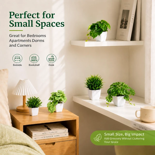 Alt view image 5 of 7 - 6Pcs Small Fake Plants Set for Bathroom Shelf Office Desk Decor | Artificial plants indoor, trailing and upright greenery build layered texture for modern bedroom decoration