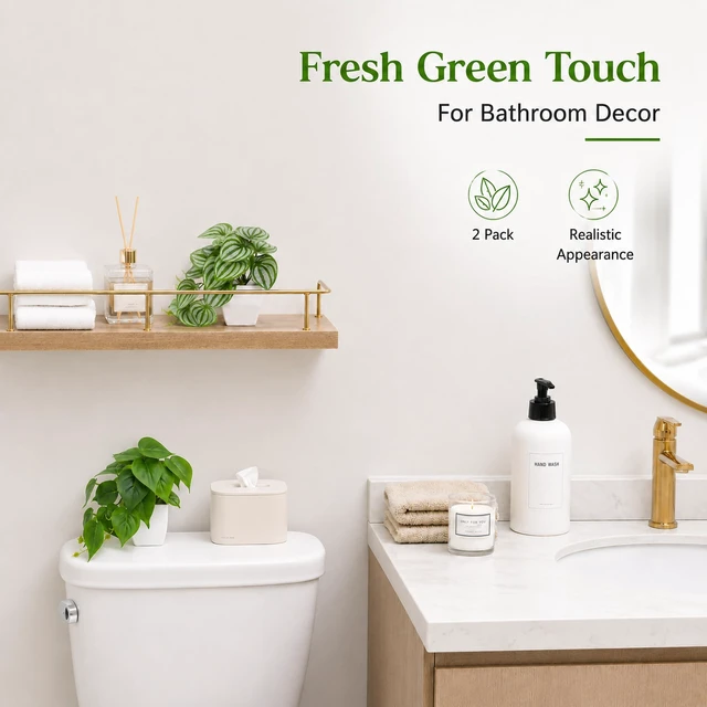 Alt view image 4 of 6 - 2Pcs Small Fake Plants Indoor for Shelves and Bathroom Decor | Mini Artificial Plants Indoor with tropical greenery and trailing leaves for office desk, tabletops and bookshelf decor