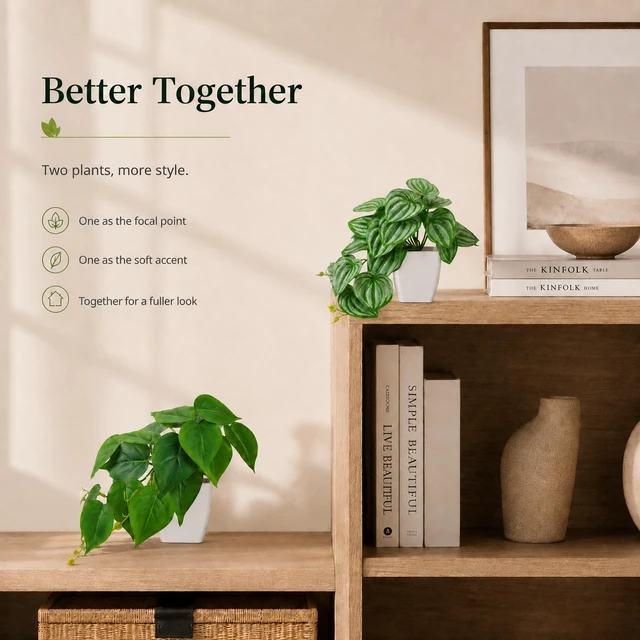 Alt view image 6 of 6 - 2Pcs Small Fake Plants Indoor for Shelves and Bathroom Decor | Mini Artificial Plants Indoor with tropical greenery and trailing leaves for office desk, tabletops and bookshelf decor
