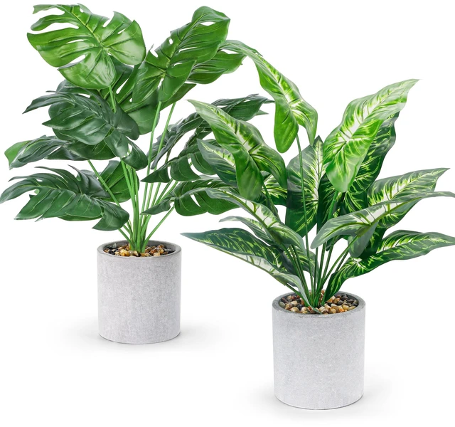 Main image of 2 Pack 16" Fake Plants Monstera for Desk Shelf Decor | Tropical faux plants with adjustable leaves,sized for bookcase TV stand desk bathroom and compact roompet-friendly