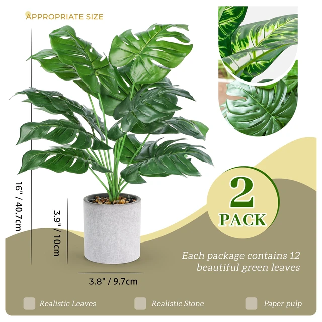 Alt view image 2 of 7 - 2 Pack 16" Fake Plants Monstera for Desk Shelf Decor | Tropical faux plants with adjustable leaves,sized for bookcase TV stand desk bathroom and compact roompet-friendly