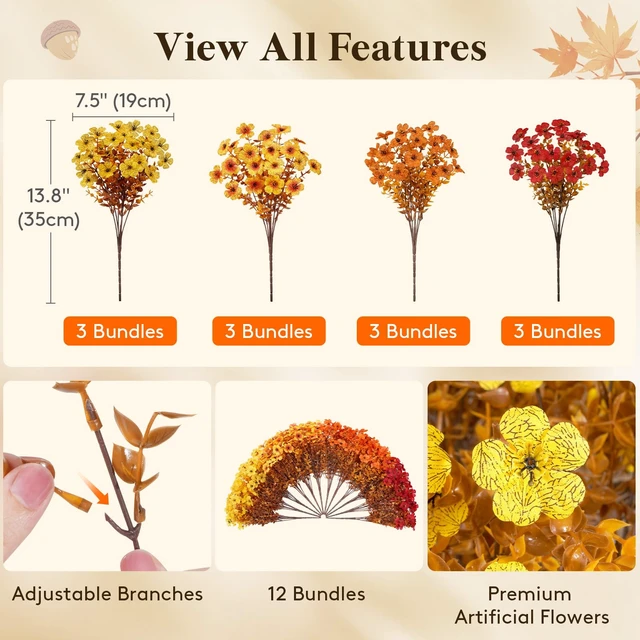Alt view image 2 of 7 - Fall Artificial Flowers for Outdoor, Faux Flowers for Garden Decor | 12 Bundles Plastic Fake flowers with Eucalyptus Leaves for Autumn Decor, Porch, Yard, Window Box(Sunset Orange)