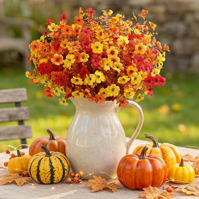 Alt view image 7 of 7 - Fall Artificial Flowers for Outdoor, Faux Flowers for Garden Decor | 12 Bundles Plastic Fake flowers with Eucalyptus Leaves for Autumn Decor, Porch, Yard, Window Box(Sunset Orange)