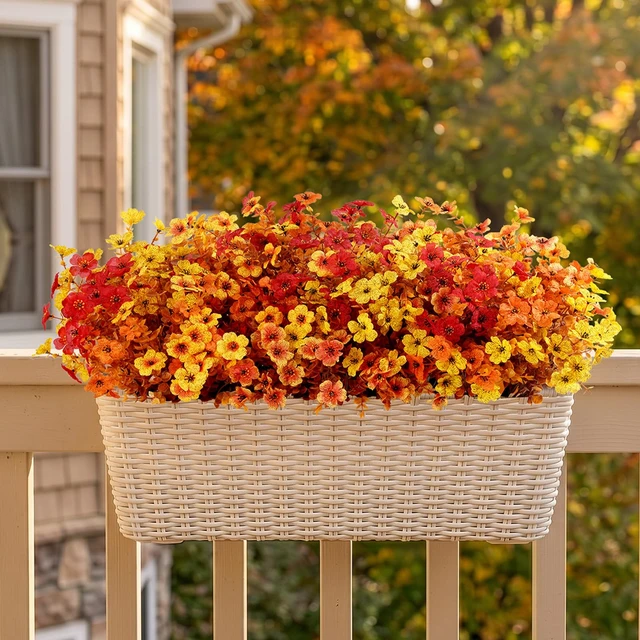 Alt view image 6 of 7 - Fall Artificial Flowers for Outdoor, Faux Flowers for Garden Decor | 12 Bundles Plastic Fake flowers with Eucalyptus Leaves for Autumn Decor, Porch, Yard, Window Box(Sunset Orange)