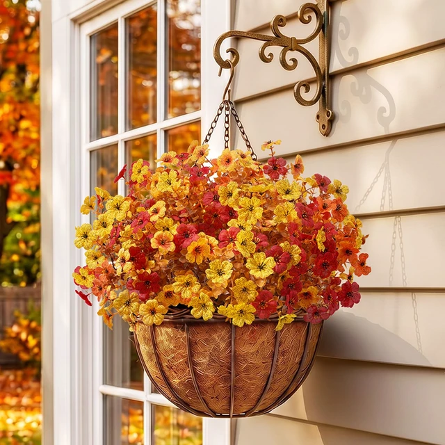 Alt view image 5 of 7 - Fall Artificial Flowers for Outdoor, Faux Flowers for Garden Decor | 12 Bundles Plastic Fake flowers with Eucalyptus Leaves for Autumn Decor, Porch, Yard, Window Box(Sunset Orange)