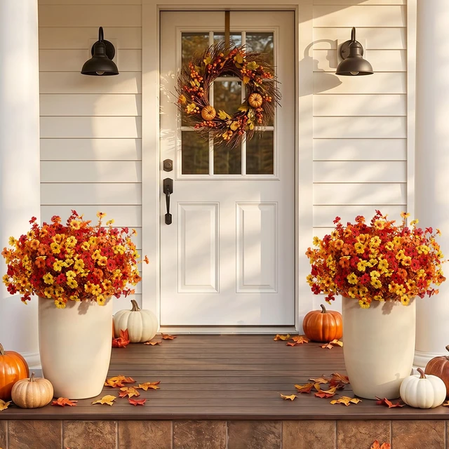 Alt view image 4 of 7 - Fall Artificial Flowers for Outdoor, Faux Flowers for Garden Decor | 12 Bundles Plastic Fake flowers with Eucalyptus Leaves for Autumn Decor, Porch, Yard, Window Box(Sunset Orange)