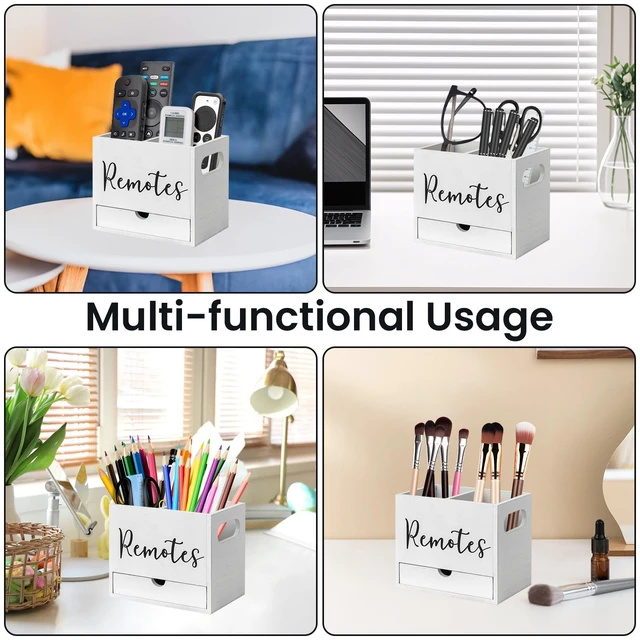 Alt view image 4 of 6 - Remote Control Holder, 2 Slot Wooden TV Remote Holder for Table, Remote Box Desk Organizer with Drawers for Home Nightstand Office Supplies (White)