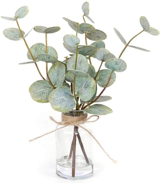 Main image of Artificial Eucalyptus Stems in Glass Vase with Faux Water,3Pcs Fake Plant with Double-Sided Green Leaves for Centerpiece(Double-Sided Green Eucalyptus)