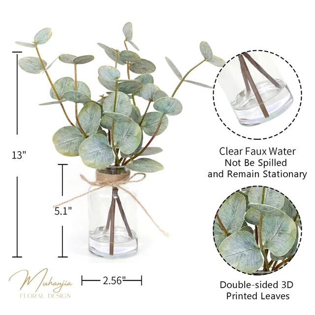 Alt view image 2 of 7 - Artificial Eucalyptus Stems in Glass Vase with Faux Water,3Pcs Fake Plant with Double-Sided Green Leaves for Centerpiece(Double-Sided Green Eucalyptus)