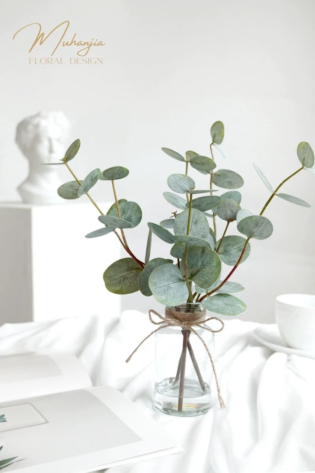 Alt view image 3 of 7 - Artificial Eucalyptus Stems in Glass Vase with Faux Water,3Pcs Fake Plant with Double-Sided Green Leaves for Centerpiece(Double-Sided Green Eucalyptus)