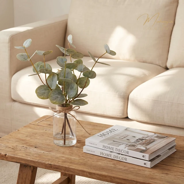 Alt view image 4 of 7 - Artificial Eucalyptus Stems in Glass Vase with Faux Water,3Pcs Fake Plant with Double-Sided Green Leaves for Centerpiece(Double-Sided Green Eucalyptus)