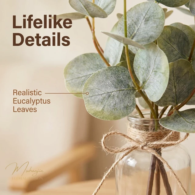 Alt view image 6 of 7 - Artificial Eucalyptus Stems in Glass Vase with Faux Water,3Pcs Fake Plant with Double-Sided Green Leaves for Centerpiece(Double-Sided Green Eucalyptus)
