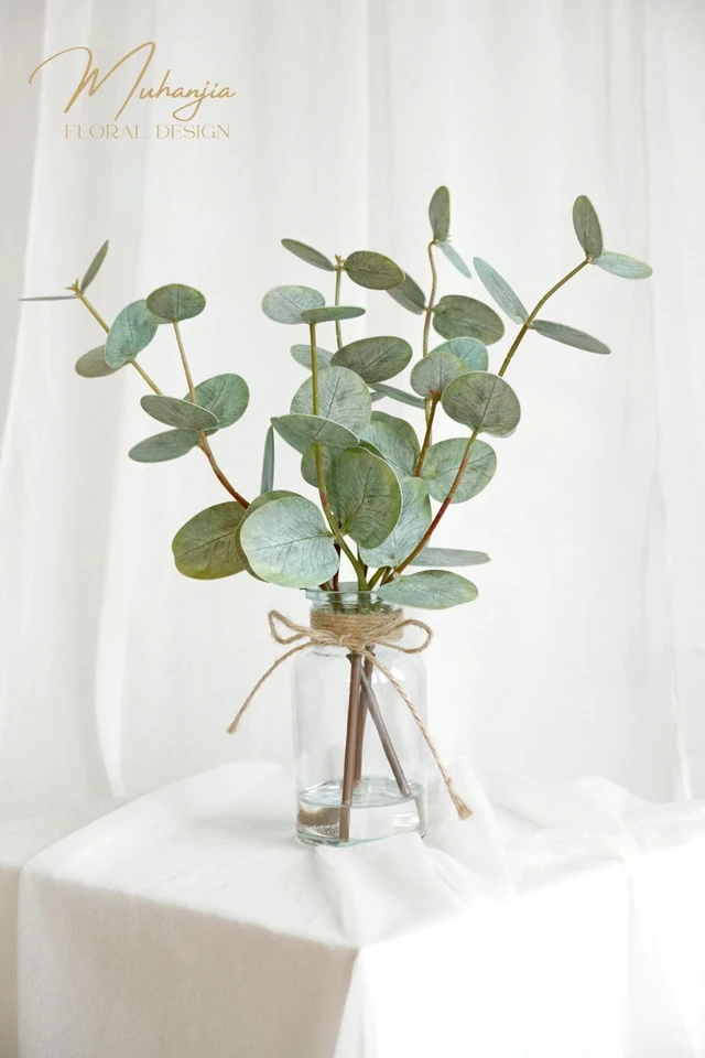 Alt view image 7 of 7 - Artificial Eucalyptus Stems in Glass Vase with Faux Water,3Pcs Fake Plant with Double-Sided Green Leaves for Centerpiece(Double-Sided Green Eucalyptus)