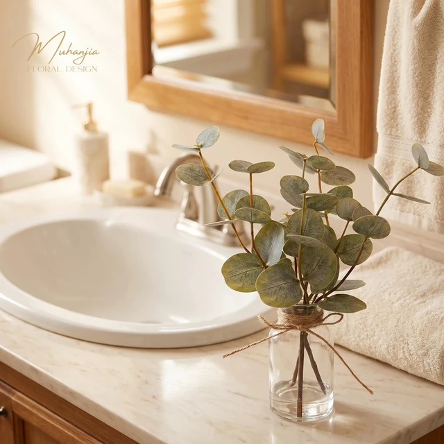 Alt view image 5 of 7 - Artificial Eucalyptus Stems in Glass Vase with Faux Water,3Pcs Fake Plant with Double-Sided Green Leaves for Centerpiece(Double-Sided Green Eucalyptus)