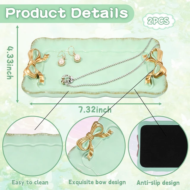 Alt view image 2 of 7 - 2 PCS Vintage Decorative Tray Jewelry Tray Storage Tray (Green) | Decorative Organizer for Jewelry Bracelets Cosmetics and Bow Room Decor