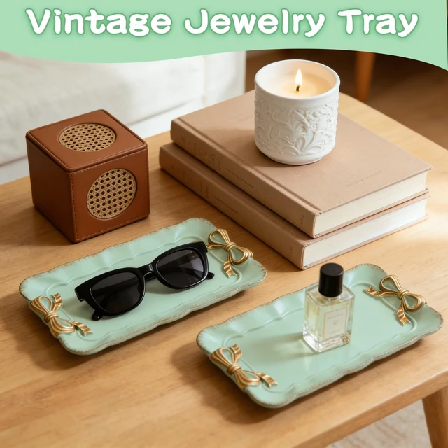 Alt view image 3 of 7 - 2 PCS Vintage Decorative Tray Jewelry Tray Storage Tray (Green) | Decorative Organizer for Jewelry Bracelets Cosmetics and Bow Room Decor