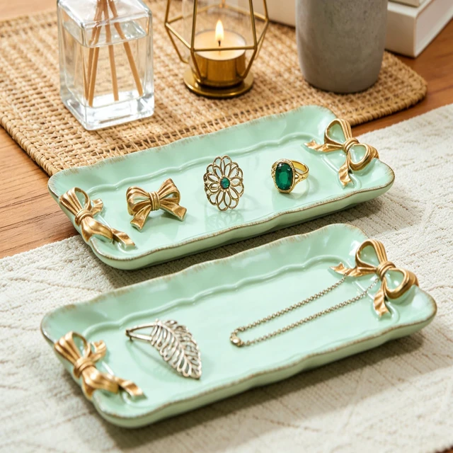 Alt view image 7 of 7 - 2 PCS Vintage Decorative Tray Jewelry Tray Storage Tray (Green) | Decorative Organizer for Jewelry Bracelets Cosmetics and Bow Room Decor