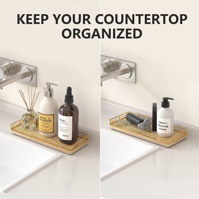 Alt view image 2 of 6 - Bathroom Tray for Counter Top Organizer, Oak Wood Vanity Tray | Metal Frame for Dresser, Kitchen & Nightstand, Gold & Oak Decorative Storage