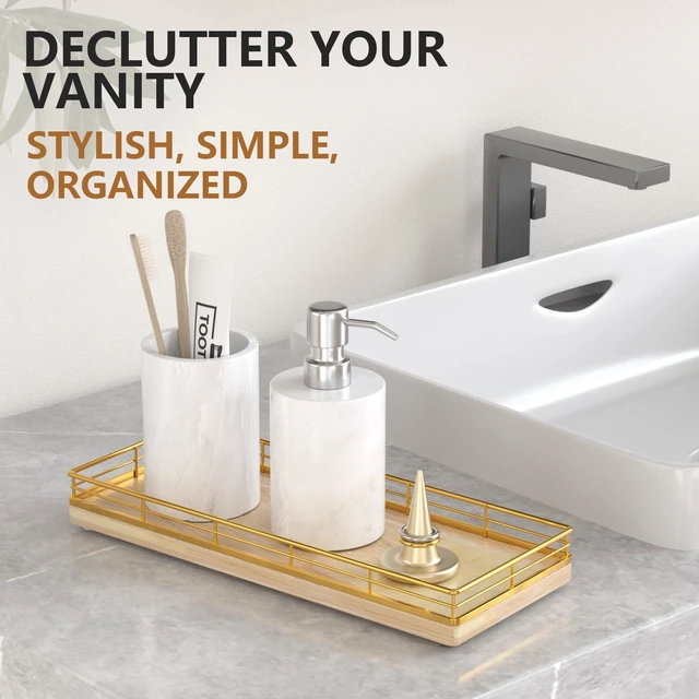 Alt view image 3 of 6 - Bathroom Tray for Counter Top Organizer, Oak Wood Vanity Tray | Metal Frame for Dresser, Kitchen & Nightstand, Gold & Oak Decorative Storage