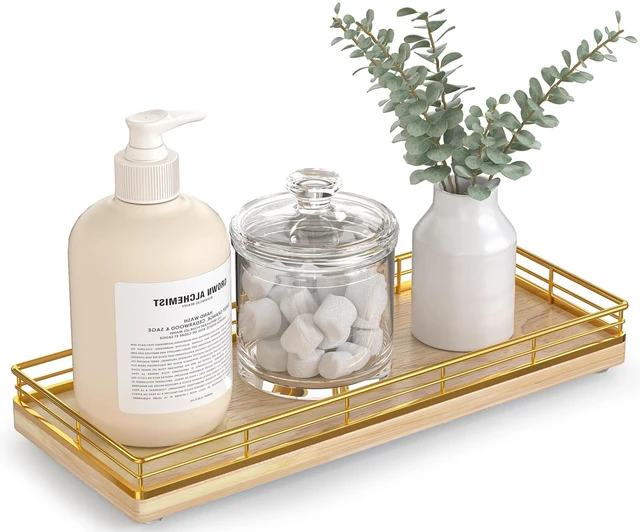 Main image of Bathroom Tray for Counter Top Organizer, Oak Wood Vanity Tray | Metal Frame for Dresser, Kitchen & Nightstand, Gold & Oak Decorative Storage