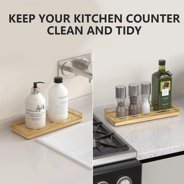 Alt view image 4 of 6 - Bathroom Tray for Counter Top Organizer, Oak Wood Vanity Tray | Metal Frame for Dresser, Kitchen & Nightstand, Gold & Oak Decorative Storage