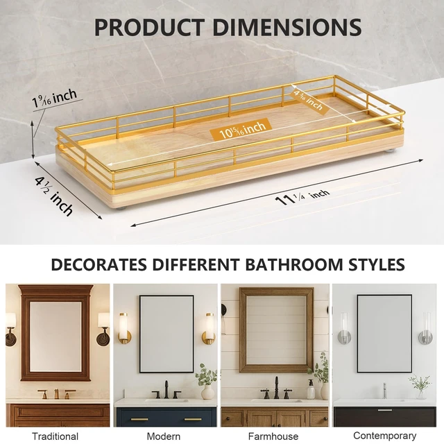 Alt view image 6 of 6 - Bathroom Tray for Counter Top Organizer, Oak Wood Vanity Tray | Metal Frame for Dresser, Kitchen & Nightstand, Gold & Oak Decorative Storage