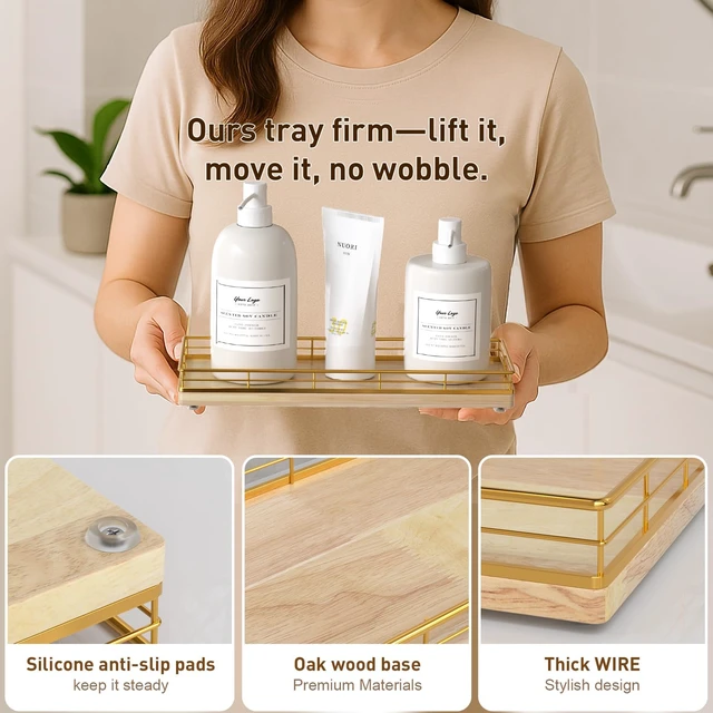Alt view image 5 of 6 - Bathroom Tray for Counter Top Organizer, Oak Wood Vanity Tray | Metal Frame for Dresser, Kitchen & Nightstand, Gold & Oak Decorative Storage