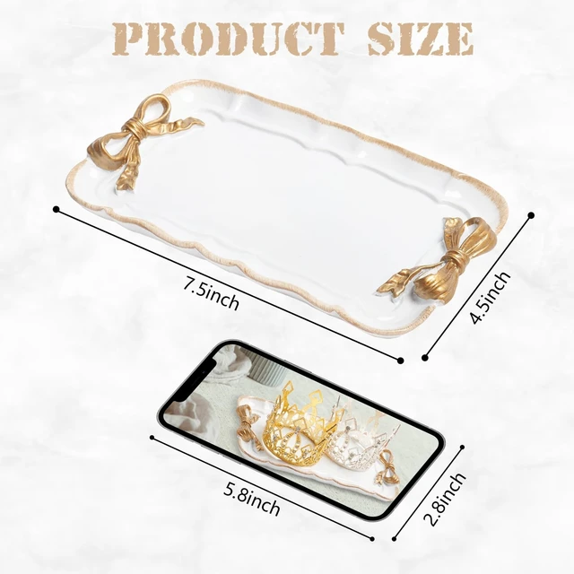 Alt view image 2 of 7 - Bow Jewelry Tray, Coquette Trinket Dish, Vanity Decor | Decorative Tray for Jewelry, Towel, Storage, Rings, Bracelets, Earrings, Cosmetics, Retro Design for Room Decor, White
