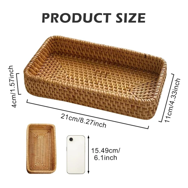 Alt view image 2 of 7 - Rattan Serving Trays, Rectangle Decorative Display Tray, Storage Tray, Toilet Tank Paper Trays, Desktop Organiser Platters for Kitchen, Makeup, Vanity, Napkin, Candle, Ornament (Color:Brown)
