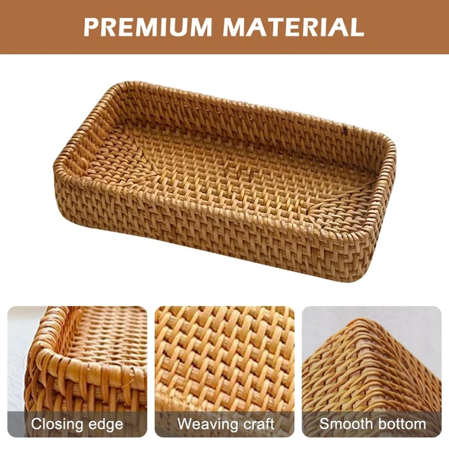 Alt view image 3 of 7 - Rattan Serving Trays, Rectangle Decorative Display Tray, Storage Tray, Toilet Tank Paper Trays, Desktop Organiser Platters for Kitchen, Makeup, Vanity, Napkin, Candle, Ornament (Color:Brown)