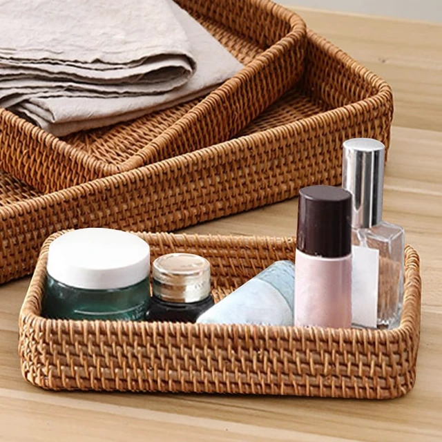 Alt view image 4 of 7 - Rattan Serving Trays, Rectangle Decorative Display Tray, Storage Tray, Toilet Tank Paper Trays, Desktop Organiser Platters for Kitchen, Makeup, Vanity, Napkin, Candle, Ornament (Color:Brown)