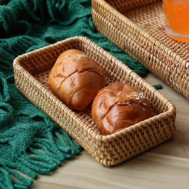 Alt view image 6 of 7 - Rattan Serving Trays, Rectangle Decorative Display Tray, Storage Tray, Toilet Tank Paper Trays, Desktop Organiser Platters for Kitchen, Makeup, Vanity, Napkin, Candle, Ornament (Color:Brown)