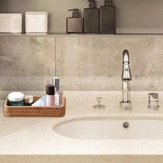 Alt view image 7 of 7 - Rattan Serving Trays, Rectangle Decorative Display Tray, Storage Tray, Toilet Tank Paper Trays, Desktop Organiser Platters for Kitchen, Makeup, Vanity, Napkin, Candle, Ornament (Color:Brown)