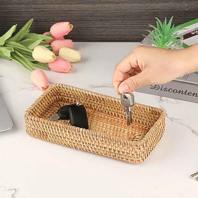 Alt view image 2 of 7 - Key Basket for Entryway Table Small Natural Rattan Serving Tray | Wicker Storage Trays for Home Decor, Fruit Bowl Decorative Baskets for Kitchen, Coffee Table