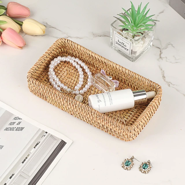 Alt view image 7 of 7 - Key Basket for Entryway Table Small Natural Rattan Serving Tray | Wicker Storage Trays for Home Decor, Fruit Bowl Decorative Baskets for Kitchen, Coffee Table