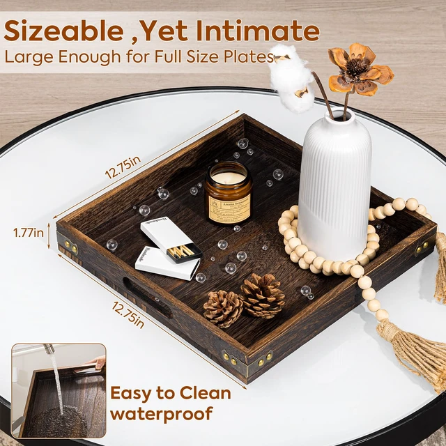 Alt view image 2 of 7 - Serving Tray with Handles,Wood Decorative Tray,Square Large Serving Platter | 12.75"Wood Tray for Living Room,Modern Coffee Table Tray | Candle Holder Tray,Ottoman tray for Bed,Kitchen,Bathroom