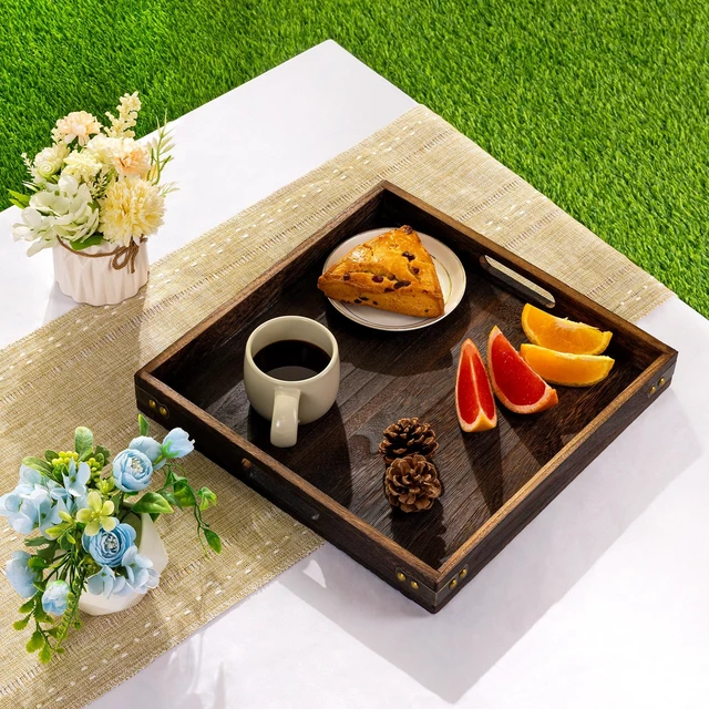 Alt view image 6 of 7 - Serving Tray with Handles,Wood Decorative Tray,Square Large Serving Platter | 12.75"Wood Tray for Living Room,Modern Coffee Table Tray | Candle Holder Tray,Ottoman tray for Bed,Kitchen,Bathroom