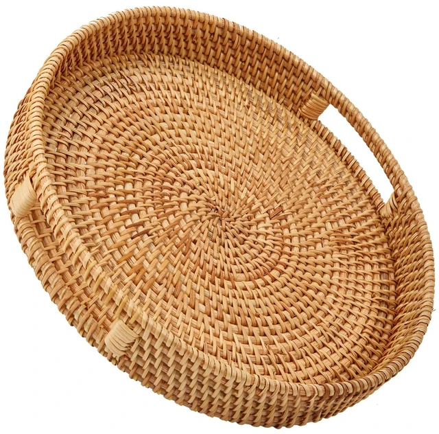 Main image of Round Rattan Serving Tray with Handles, Hand Woven Basket, Home Decor Organizer Tray for Breakfast, Tea, Snack, Fruit, Coffee,Storage (Medium)(11.9inchX1.7inch)