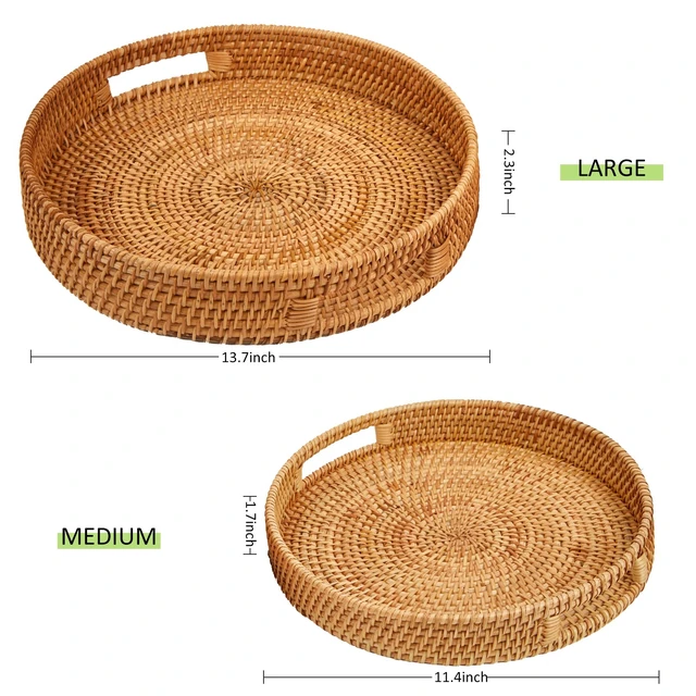 Alt view image 2 of 6 - Round Rattan Serving Tray with Handles, Hand Woven Basket, Home Decor Organizer Tray for Breakfast, Tea, Snack, Fruit, Coffee,Storage (Medium)(11.9inchX1.7inch)
