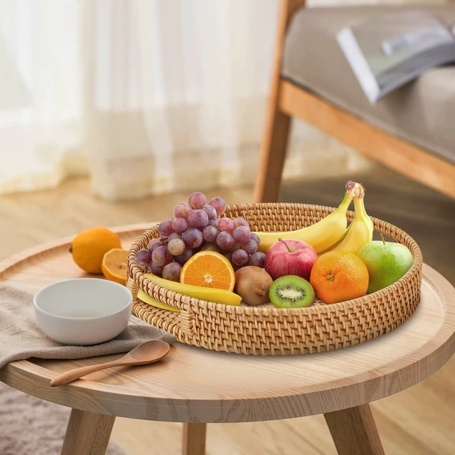 Alt view image 3 of 6 - Round Rattan Serving Tray with Handles, Hand Woven Basket, Home Decor Organizer Tray for Breakfast, Tea, Snack, Fruit, Coffee,Storage (Medium)(11.9inchX1.7inch)