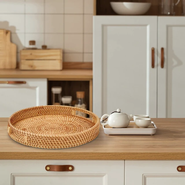 Alt view image 6 of 6 - Round Rattan Serving Tray with Handles, Hand Woven Basket, Home Decor Organizer Tray for Breakfast, Tea, Snack, Fruit, Coffee,Storage (Medium)(11.9inchX1.7inch)