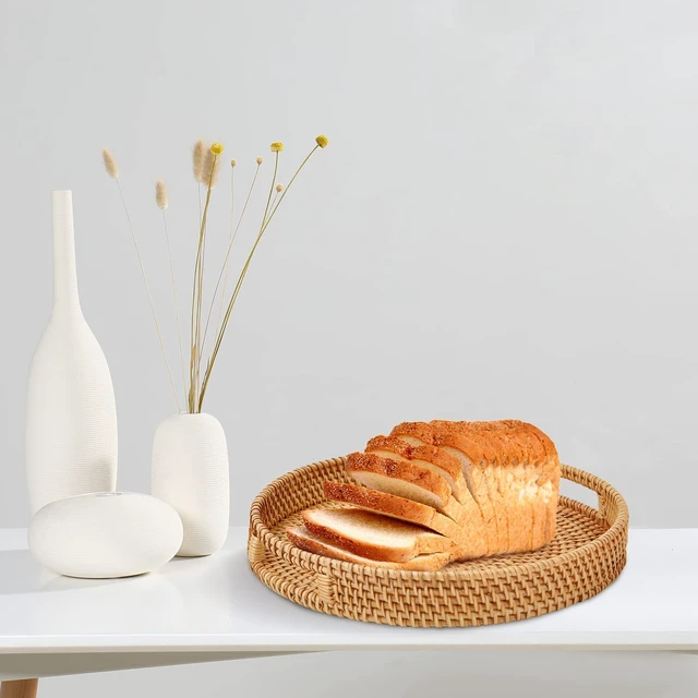 Alt view image 5 of 6 - Round Rattan Serving Tray with Handles, Hand Woven Basket, Home Decor Organizer Tray for Breakfast, Tea, Snack, Fruit, Coffee,Storage (Medium)(11.9inchX1.7inch)