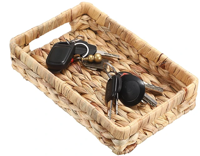 Main image of Small Keys Basket for Entryway Table Decorative Wicker Basket Tray | Woven Organizer Baskets Water Hyacinth Snacks Fruit Serving Trays for Keys Wallet Cell Phone Candy Organizing, 9.8"x6.3"