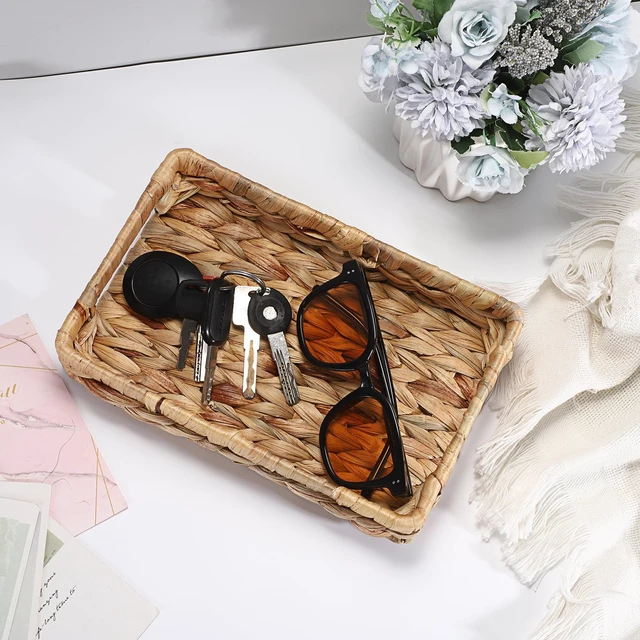 Alt view image 2 of 7 - Small Keys Basket for Entryway Table Decorative Wicker Basket Tray | Woven Organizer Baskets Water Hyacinth Snacks Fruit Serving Trays for Keys Wallet Cell Phone Candy Organizing, 9.8"x6.3"